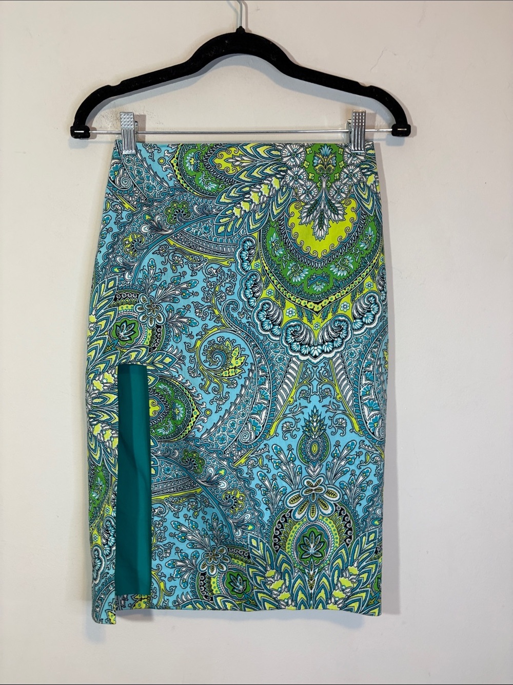 Thigh High Slit Pencil Skirt Sexy Paisley Sky Blue Lime Green Boutique Y2K Brand